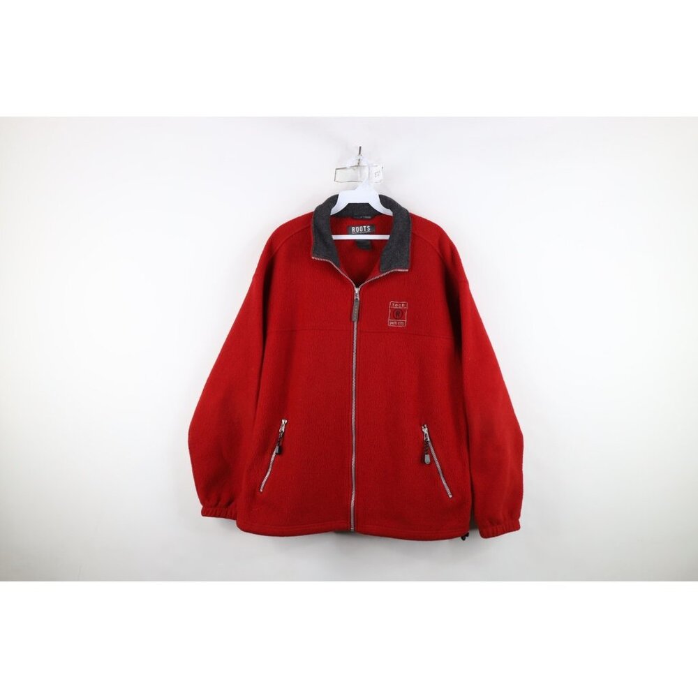 Vintage 90s Roots Mens Medium Distressed Tech Park City Utah Fleece Jacket Red